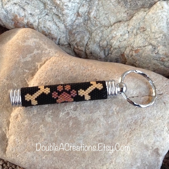 PUPPY Paws and Bones Hidden Compartment Beaded Keychain, New, Handmade by Me - Picture 3 of 5